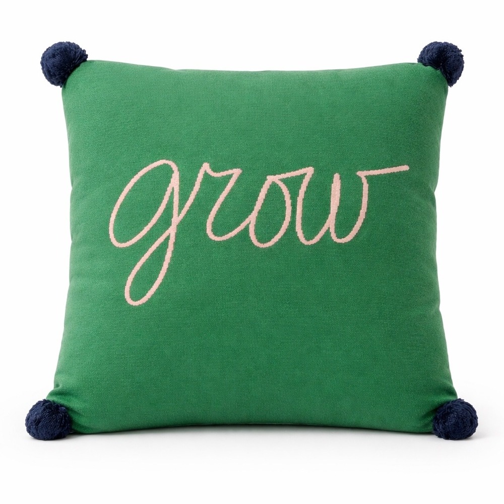 Latter-Day Home Grow Embroidered Throw Pillow Green Pink Script Pom Poms 18x18